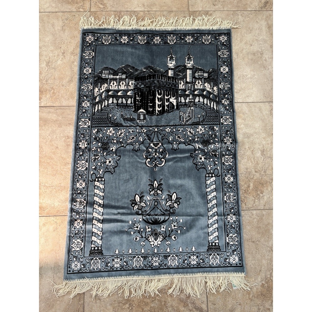 Vintage Hisar Tekstil Turkish Prayer Rug Kaaba Mecca Blue 27x42 Fringe Seccade